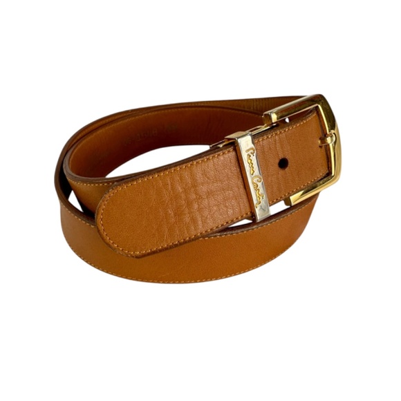 Vintage PIERRE CARDIN Tan Leather Gold Logo Buckle Unisex Belt Size 30 main image 7